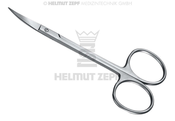 Helmut Zepf curved Iris Scissors with extra-large finger rings and serrated blades for fine oral surgery tissue work