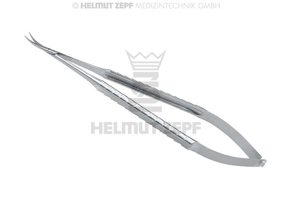 Helmut Zepf Castroviejo suture removal scissors, curved micro-spring handle, 17 cm German stainless steel