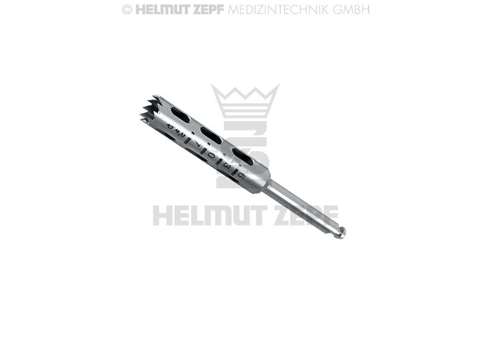 dental trephine 4.0mm surgical instrument, 11 teeth, 30mm sheath, Helmut Zepf 08.910.05