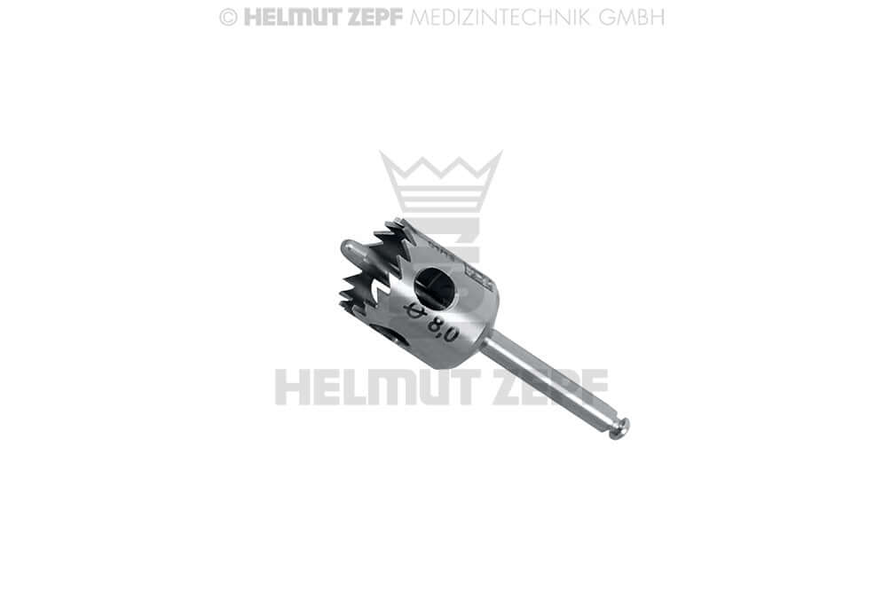 Helmut Zepf dental trephine 8.0mm with guide pin sheath, 9 teeth, fixation support, 2.35mm x 30mm, No. 08.910.10F