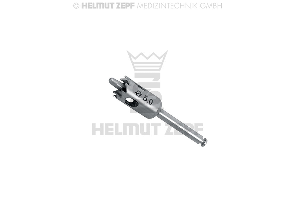 dental trephine with fixation support 5.0mm, 9 teeth guiding pin, sheath 2.35mm x 30mm by Helmut Zepf