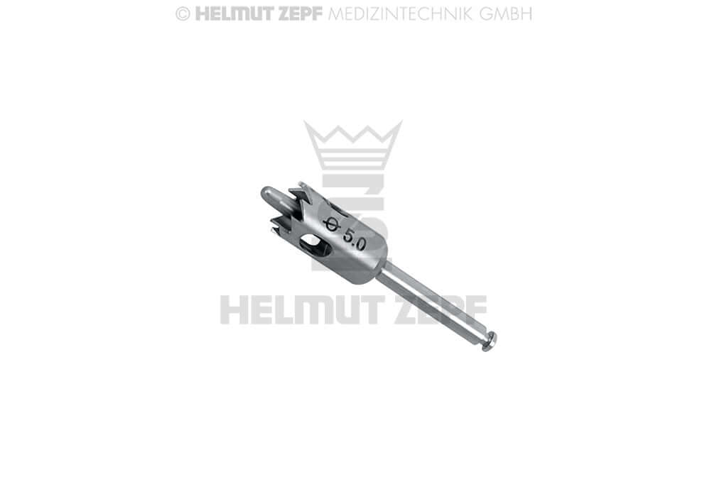 dental trephine with fixation support 5.0mm, 9 teeth guiding pin, sheath 2.35mm x 30mm by Helmut Zepf