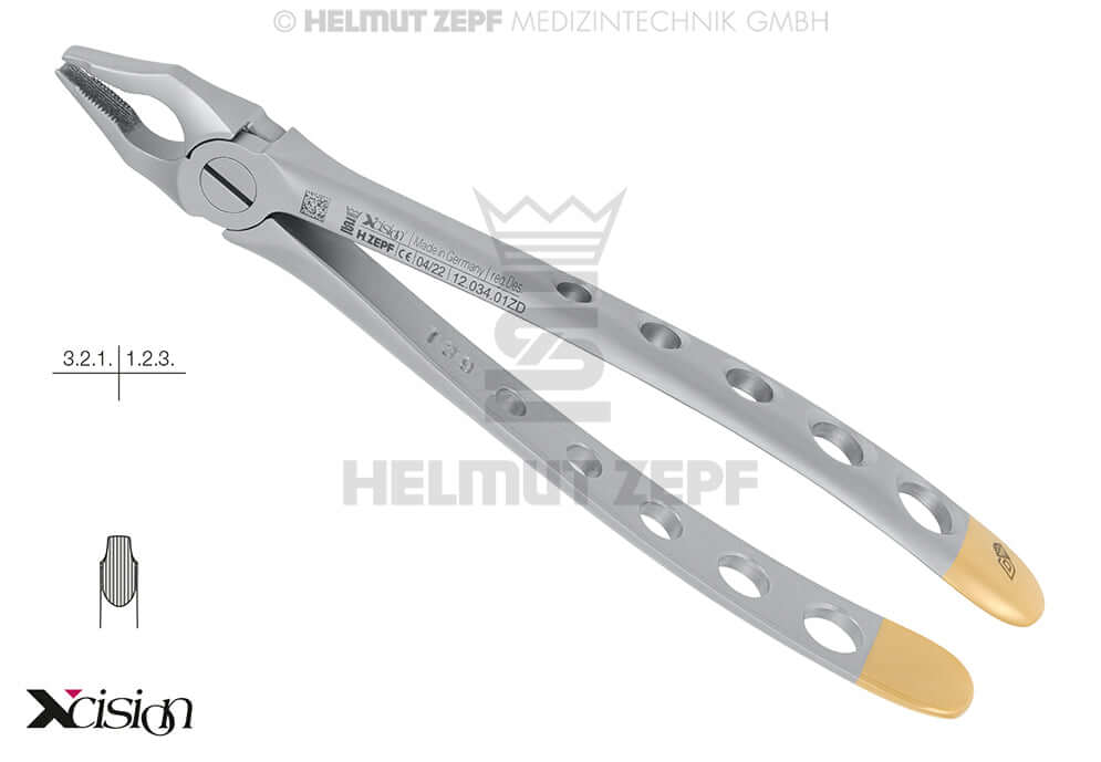 Helmut Zepf diamond coated extraction forceps upper incisors canines English Pattern #34A Xcision-Line far reaching special beaks