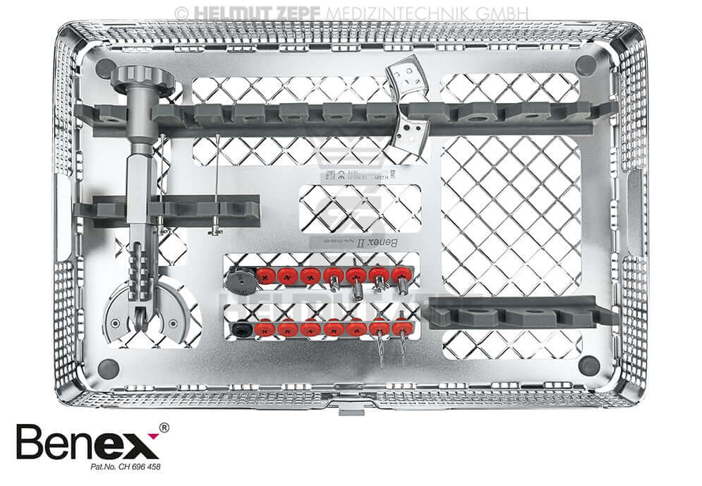 Benex II complete extraction set by Dr. Syfrig with rack, basket, extractor, drills, and screws – Helmut Zepf No. 12.302.00