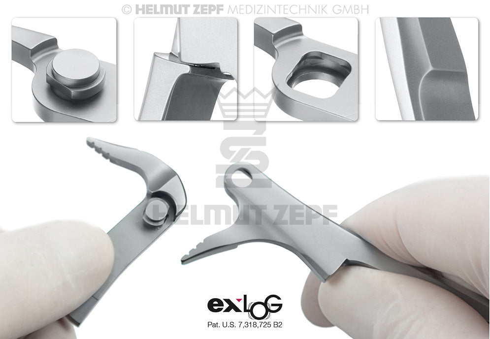 Helmut Zepf exLOG #45Sb lower root tip extraction forceps with detailed close-up views of the instrument design