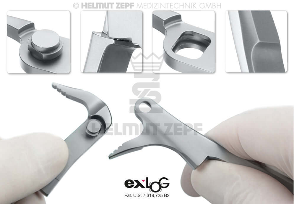 Helmut Zepf exLOG #45Sb lower root tip extraction forceps with detailed close-up views of the instrument design