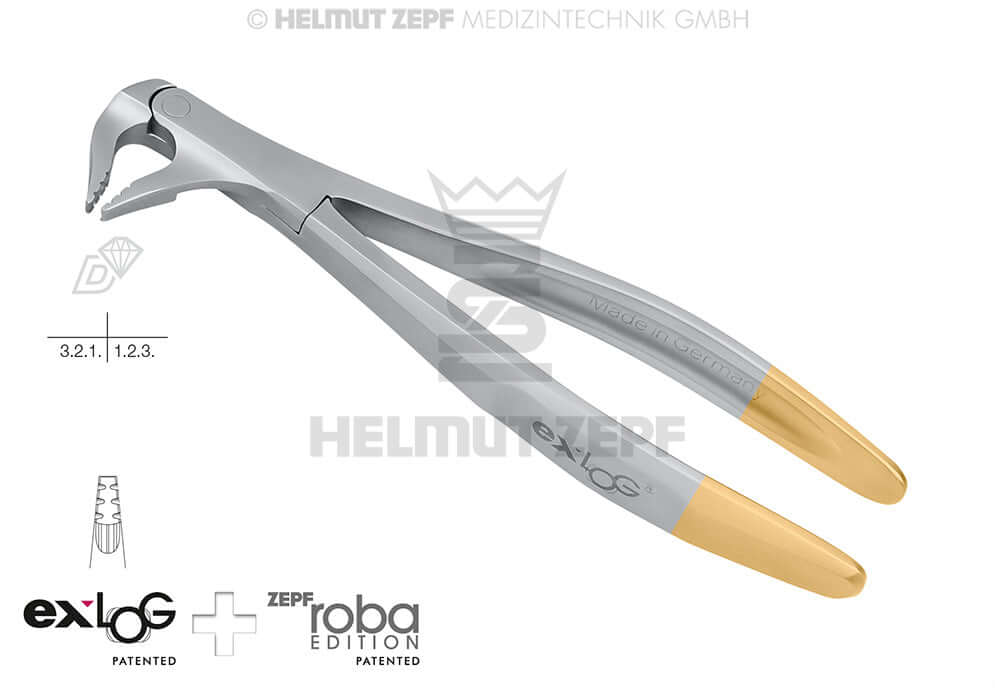 Helmut Zepf exLOG #36N diamond coated extraction forceps with gold handles and diamond jaws for dental use