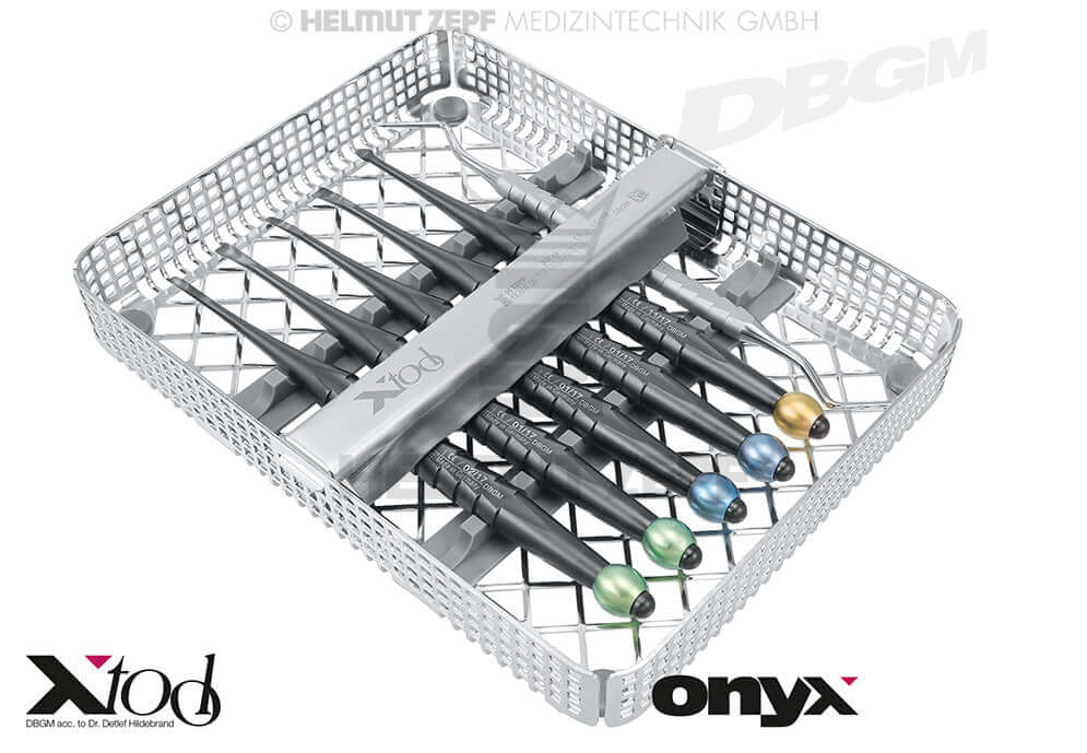 root tip elevator dental luxator set onyx coating by Dr. Hildebrand in sterilization tray – Helmut Zepf X-Tool Set No. 17.007.00TI