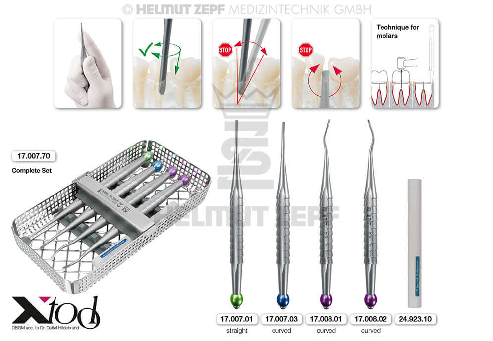 Root Tip Elevator Dental Luxator X-Tool Straight Elevator Set Helmut Zepf 17.007.70 with 4 elevators & sharpening stone