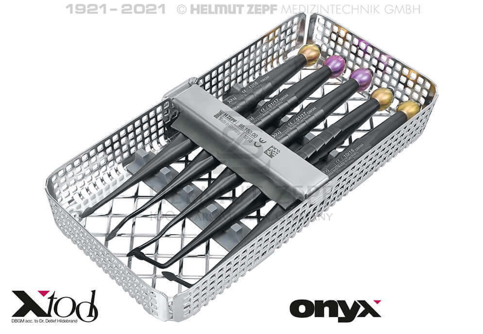 Root Tip Elevator Dental Luxator X-Tool Spade Elevator Set with Onyx Coating by Helmut Zepf, 5-piece set in sterilization basket