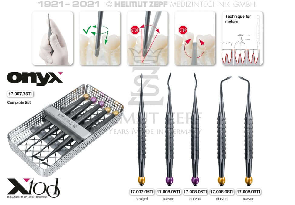 Root Tip Elevator Dental Luxator X-Tool Spade Elevator Set with Onyx Coating, Helmut Zepf 17.007.75TI, 5-piece complete set