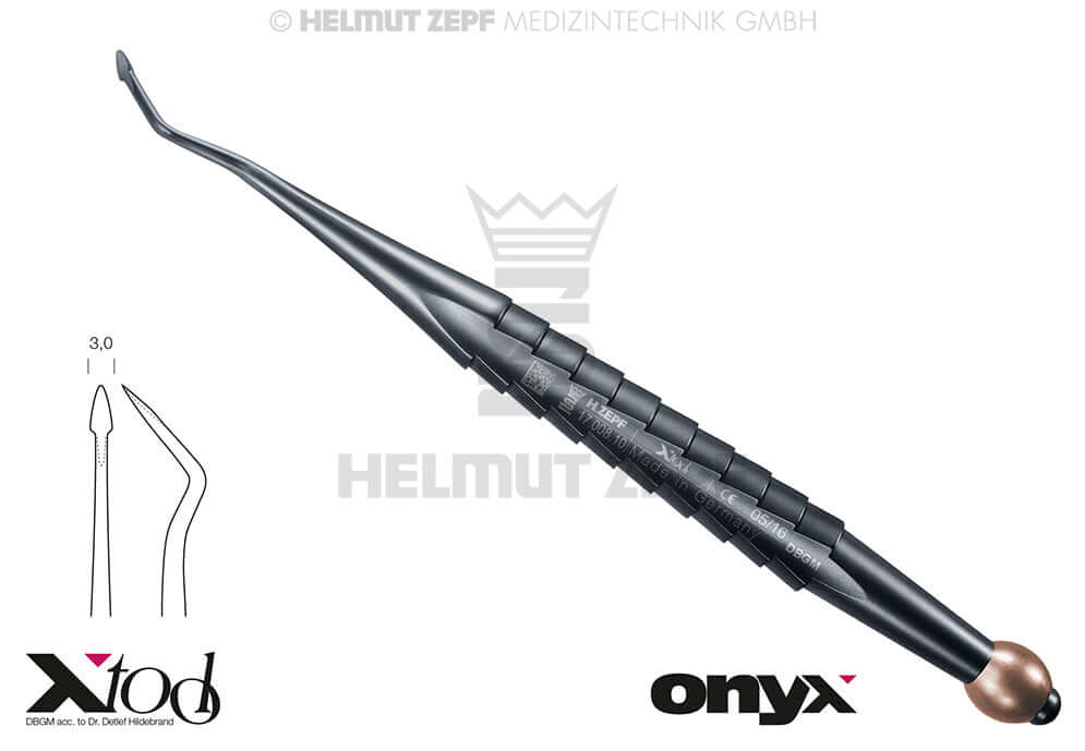 Root Tip Elevator Dental Luxator X-Tool 3mm Mesial Bending Apical Desmotome Onyx Coating Brown ID Ball Helmut Zepf