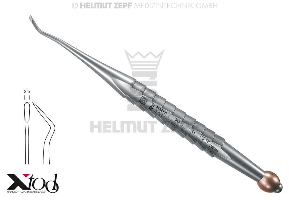 Root Tip Elevator Dental Luxator X-Tool Apical Desmotome, Mesial Bending, 2.5mm, Brown ID Ball, Helmut Zepf