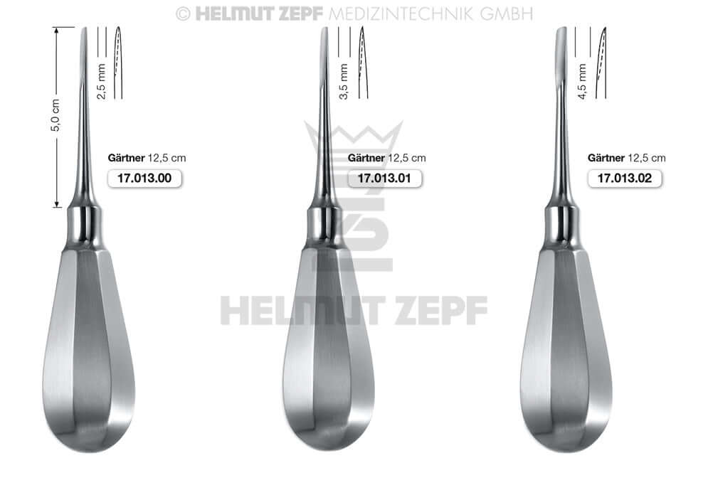 Helmut Zepf root elevator dental instrument Gärtner 3.5mm 17.013.01 with Bein handle, 125mm surgical tool