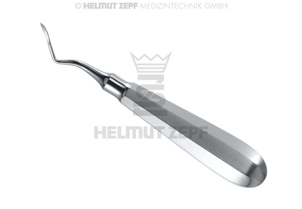Heidbrink root tip elevator curved serrated edges, 2.5mm working tip, Flohr handle, dental surgical instrument by Helmut Zepf