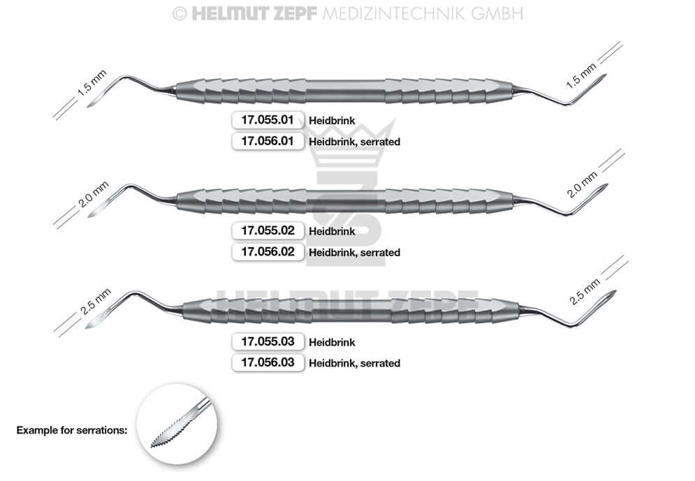 Heidbrink root tip elevator double-ended #2, 2.0mm working tip, Helmut Zepf 17.055.02, shown in size comparison chart