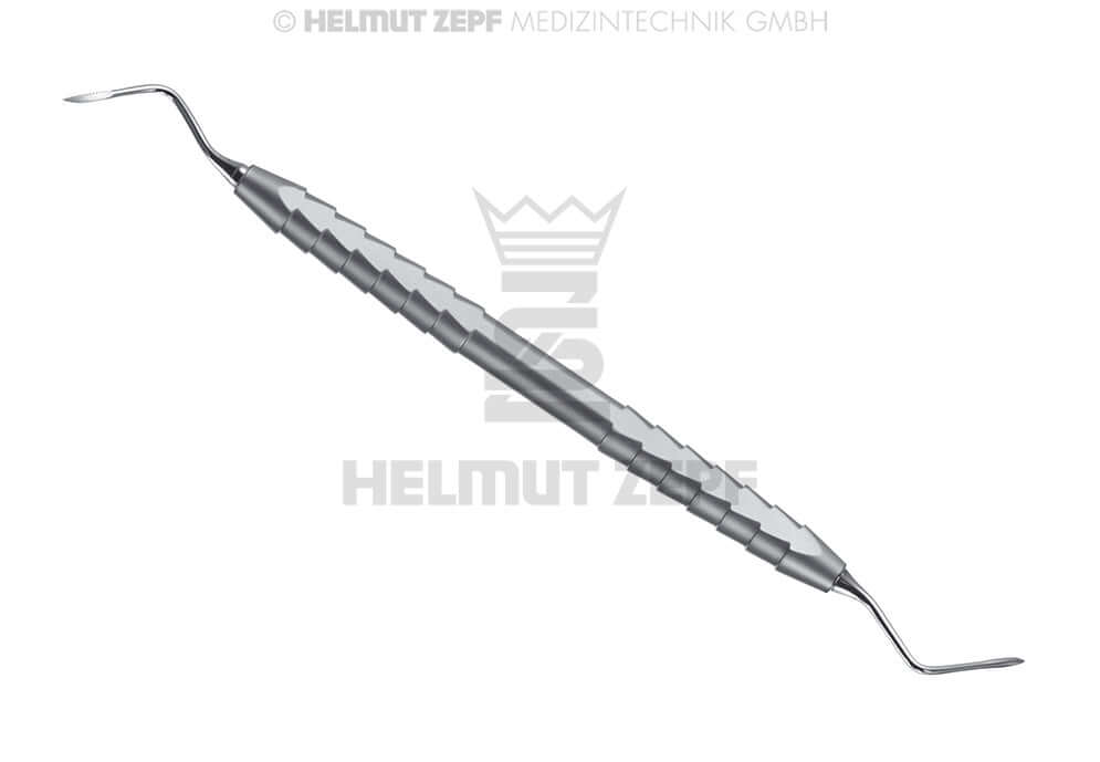 Heidbrink root tip elevator dental instrument #1, double-ended, serrated edges, 1.5mm tip, ZEPF-Line handle by Helmut Zepf