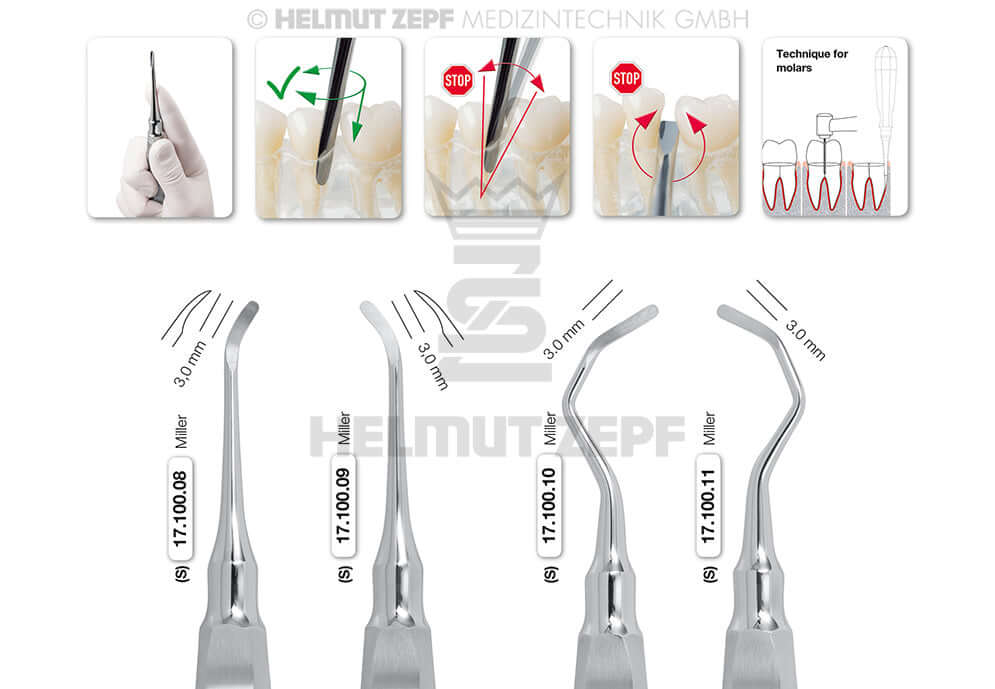 Root Tip Elevator Miller #8 by Helmut Zepf No.17.100.08 surgical instrument for root fragment removal with thumb-rest handle