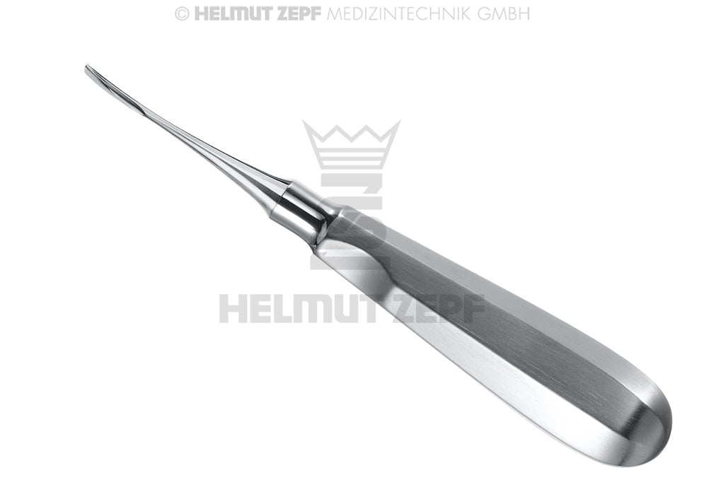 Helmut Zepf angled root elevator dental instrument, Root Tip Elevator #60 2mm flat thumb-rest handle 160mm