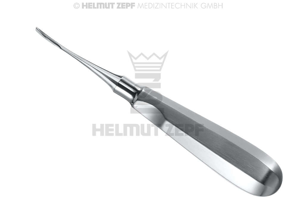 Helmut Zepf angled root elevator dental instrument, Root Tip Elevator #60 2mm flat thumb-rest handle 160mm