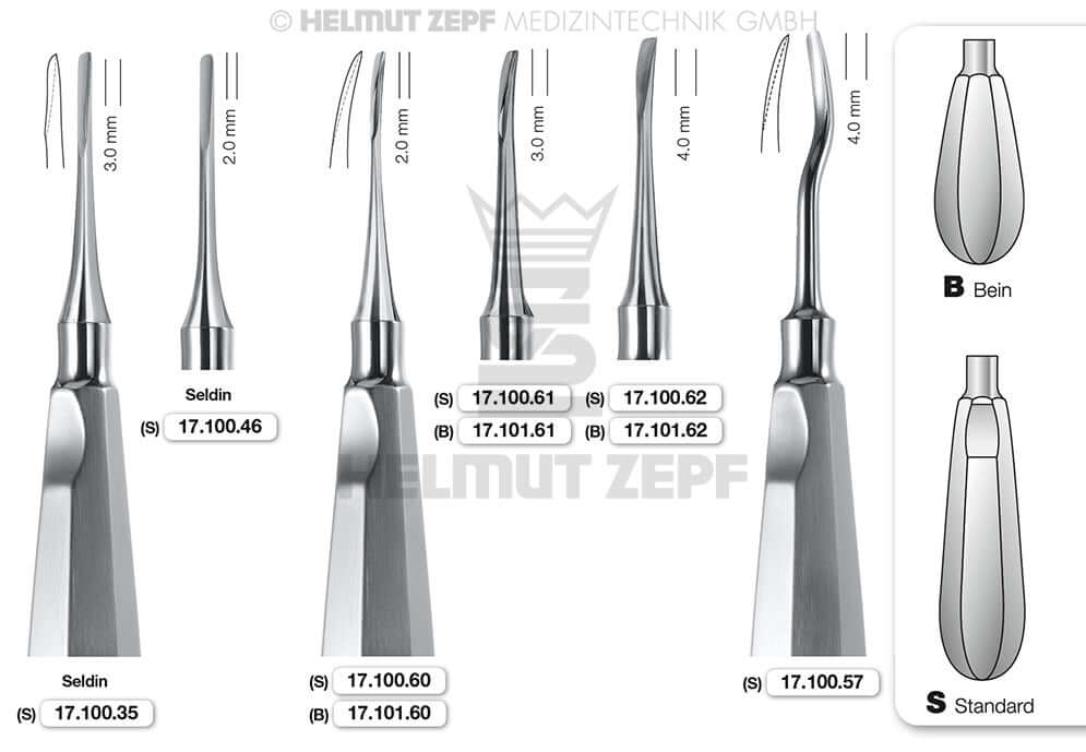 Helmut Zepf 17.100.61 angled flat root elevator dental instrument, Root Tip Elevator 3mm #61 standard handle thumb-rest 160mm