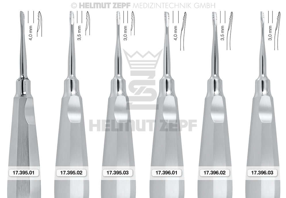 Root Tip Elevator Lindo Levien LLMC 3.5mm curved-up tip by Helmut Zepf, set of dental extraction instruments