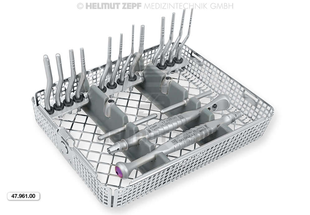 Helmut Zepf Twister Handle set with interchangeable inserts in sterilization basket, No. 47.961.00