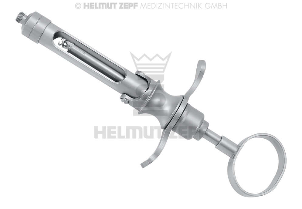 Helmut Zepf dental cartridge syringe corkscrew tip aspiration, 1.8cm3, metric thread, thumb ring handle, stainless steel