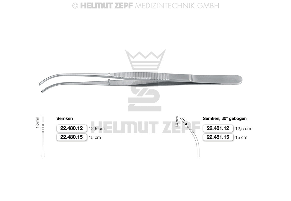 Helmut Zepf semken tissue forceps 1x2 teeth curved 5 inch No. 22.481.12 surgical dental instrument