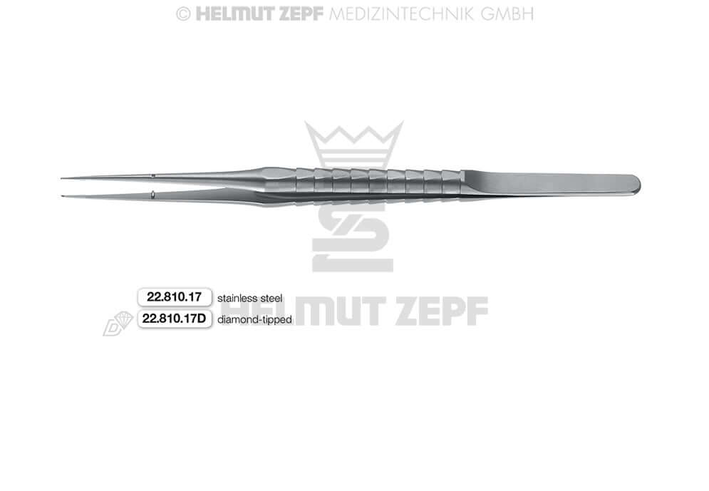 Micro Tissue Forceps 17.5cm 1x2 Teeth Straight Diamond Coated Mouth-Tip Guide Pin Helmut Zepf 22.810.17D