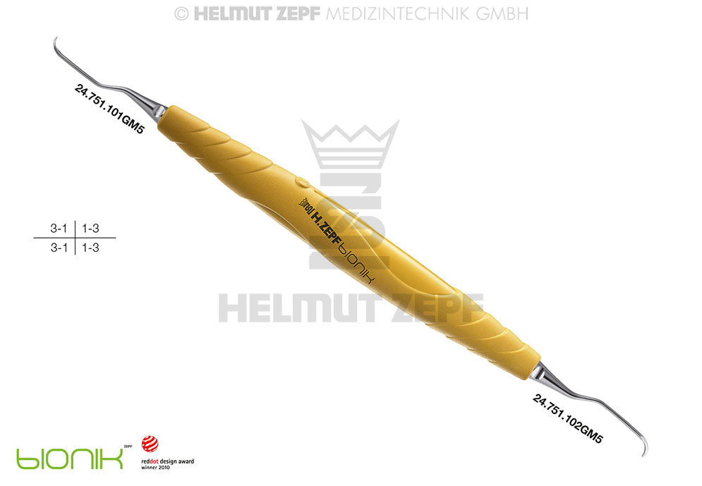 Gracey Curette M5 GRA 1/2 Front Teeth Yellow ZEPF-bIONIK Handle Deep Scaling Helmut Zepf 24.201.01GM5