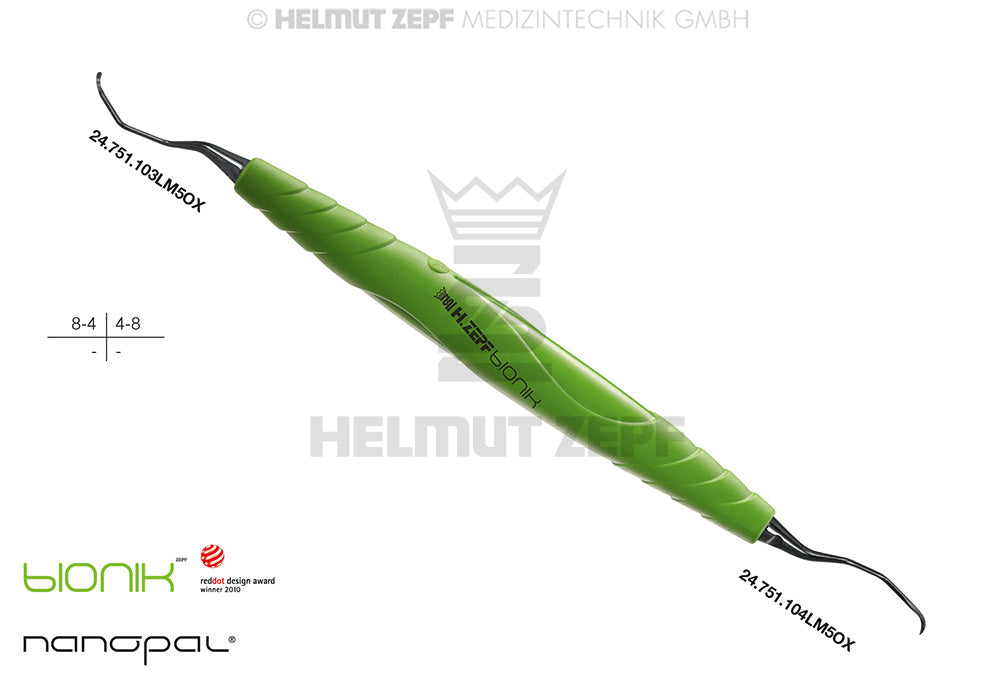 M5 Langer #3/4 Universal Curette Yellow-Green ZEPF-bIONIK Handle Nanopal Coating Upper Molars Premolars Helmut Zepf