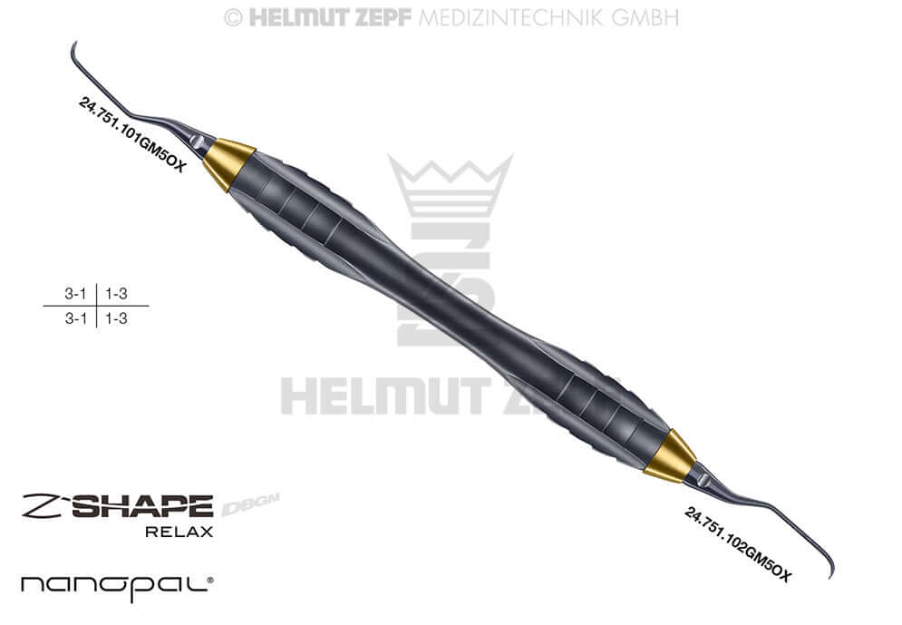 Gracey Curette GRA 1/2 M5 Yellow Tip Z-Shape Relax Handle Nanopal Coating Helmut Zepf Periodontal Instrument