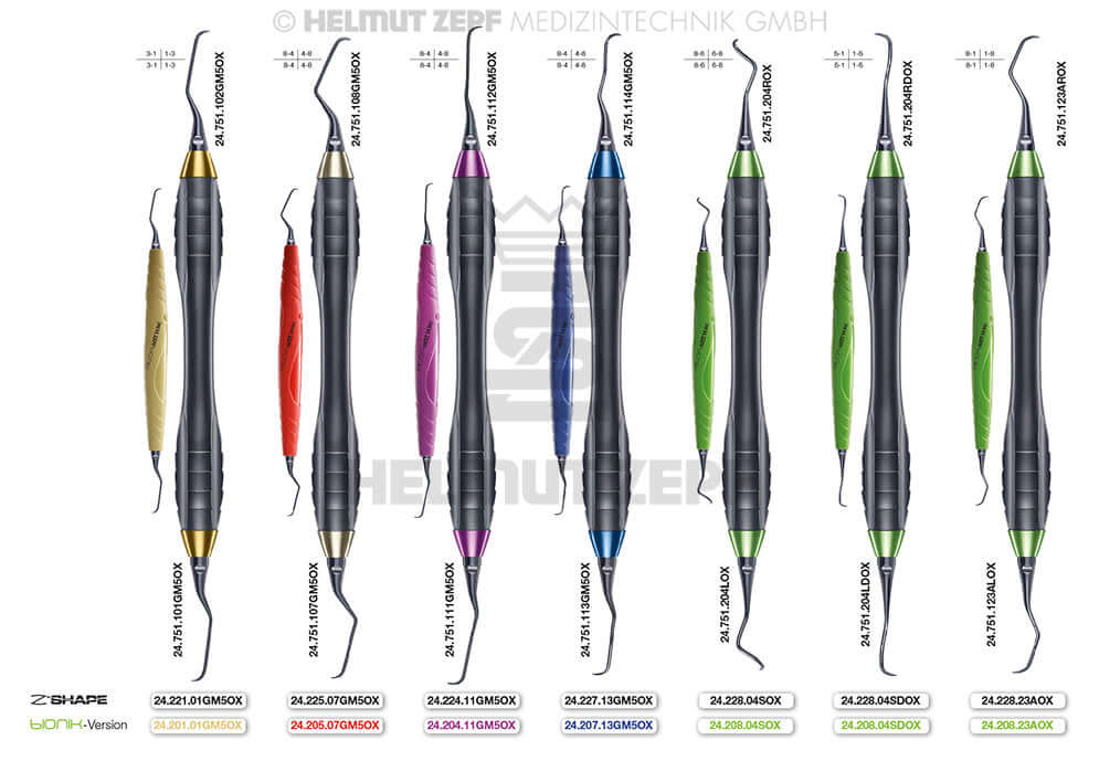 Gracey Curette GRA 13/14 M5 Interchangeable Inserts Cobalt-Blue Tip Z-Shape Relax Handle Nanopal Coating Helmut Zepf