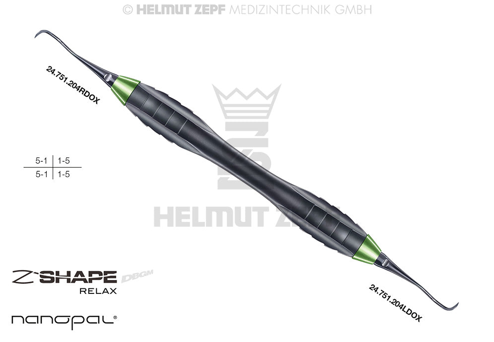 Sickle Scaler #204 SD Z-Shape Relax Handle Nanopal Coating Yellow-Green Tip Interdental Plaque Removal Helmut Zepf