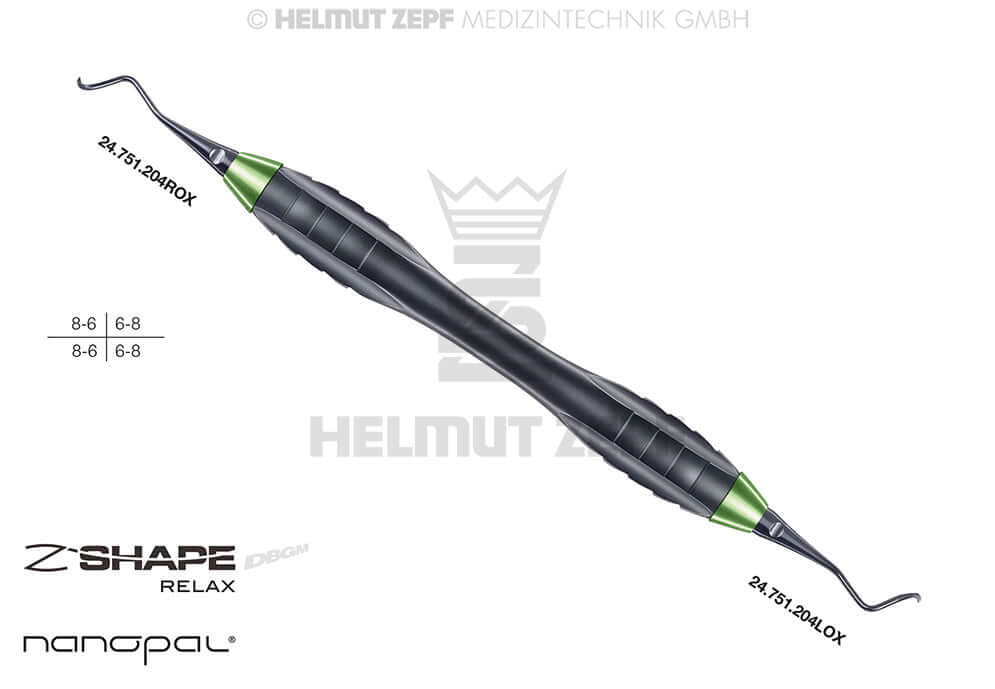 Sickle Scaler #204S Helmut Zepf Z-Shape Relax Handle Nanopal Coating Yellow-Green Tip M5 Interchangeable Inserts