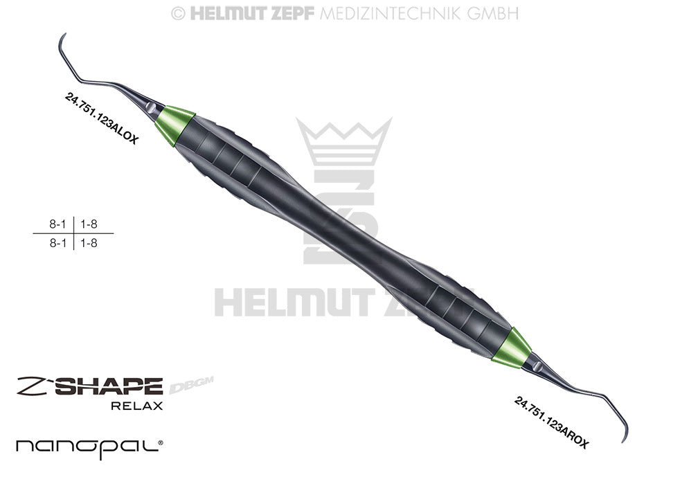 Posterior Sickle Scaler #M23A Helmut Zepf Z-Shape Relax Handle Nanopal Coating Yellow-Green Tip Molar Plaque Removal