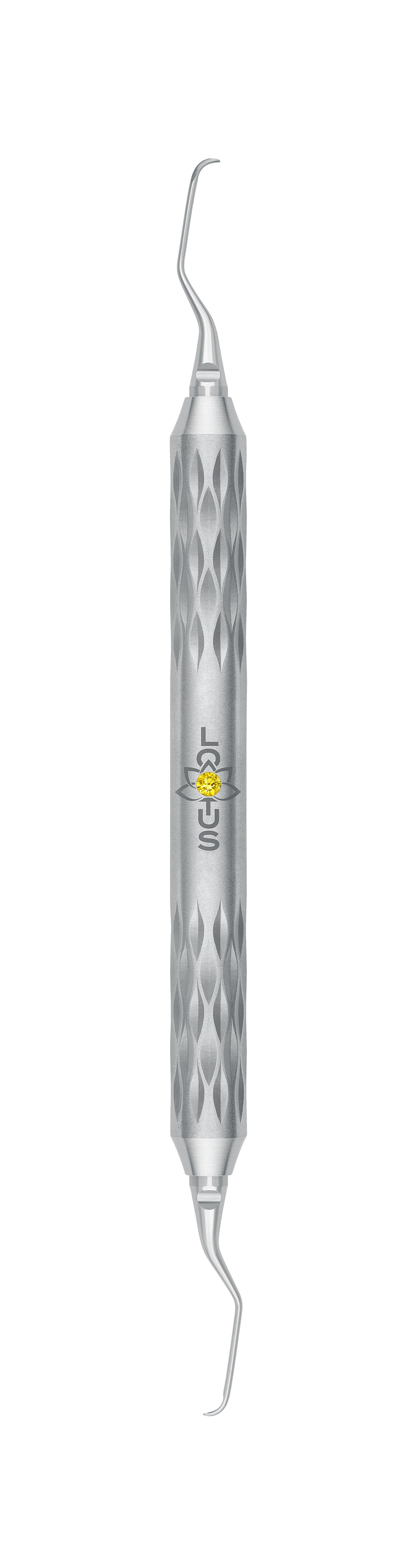LOTUS Gracey Curette 5/6 M5 Deep Scaling Yellow Crystal dental instrument with diamond-pattern handle by Helmut Zepf