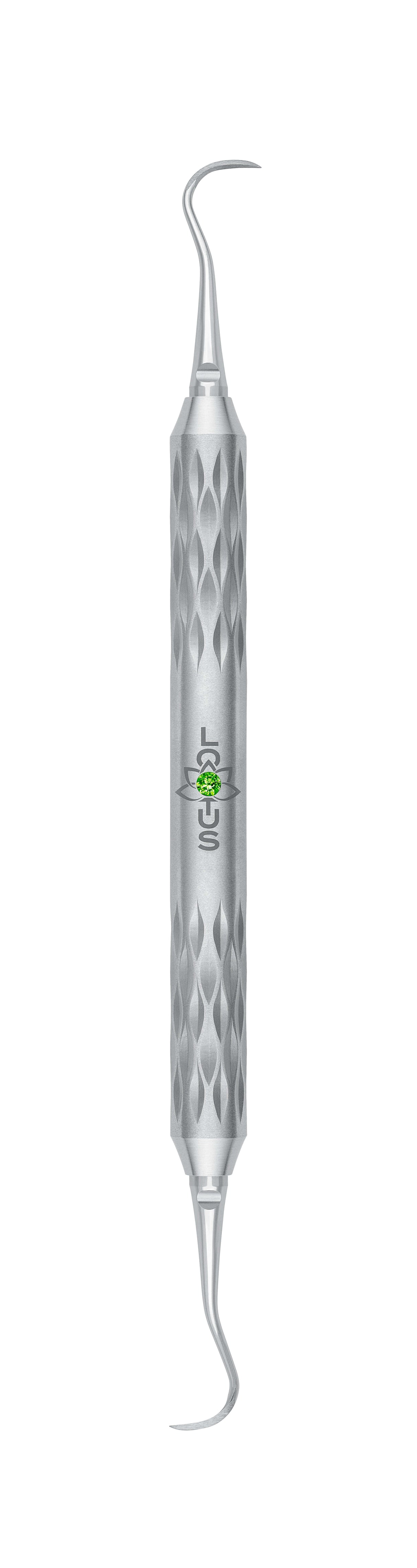 LOTUS H6/H7 Sickle Scaler Curette Green Crystal handle by Helmut Zepf, ergonomic dental instrument for anterior precision
