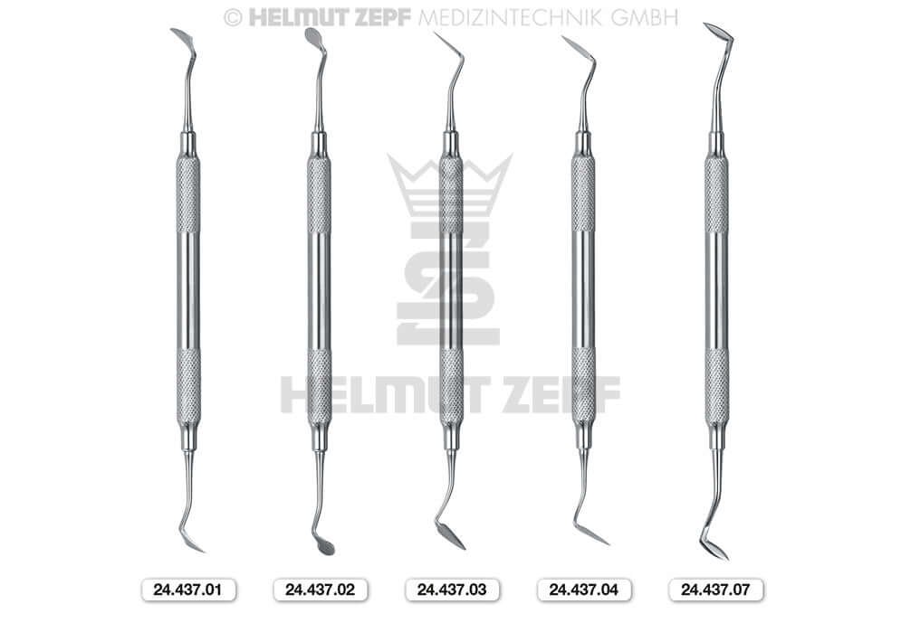Goldman-Fox gingivectomy knife set by Helmut Zepf, models 24.437.01 to 24.437.07, precision periodontic instruments made in Germany