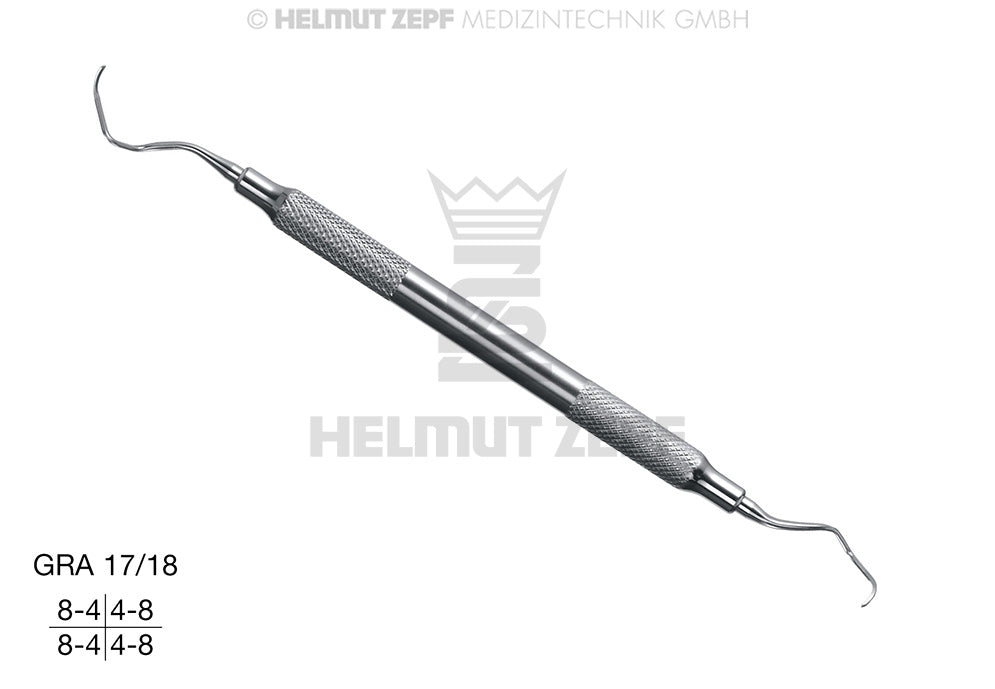 Gracey Curette GRA 17/18 by Helmut Zepf, triple-skewed for distal premolar/molar surfaces, hollow stainless steel handle