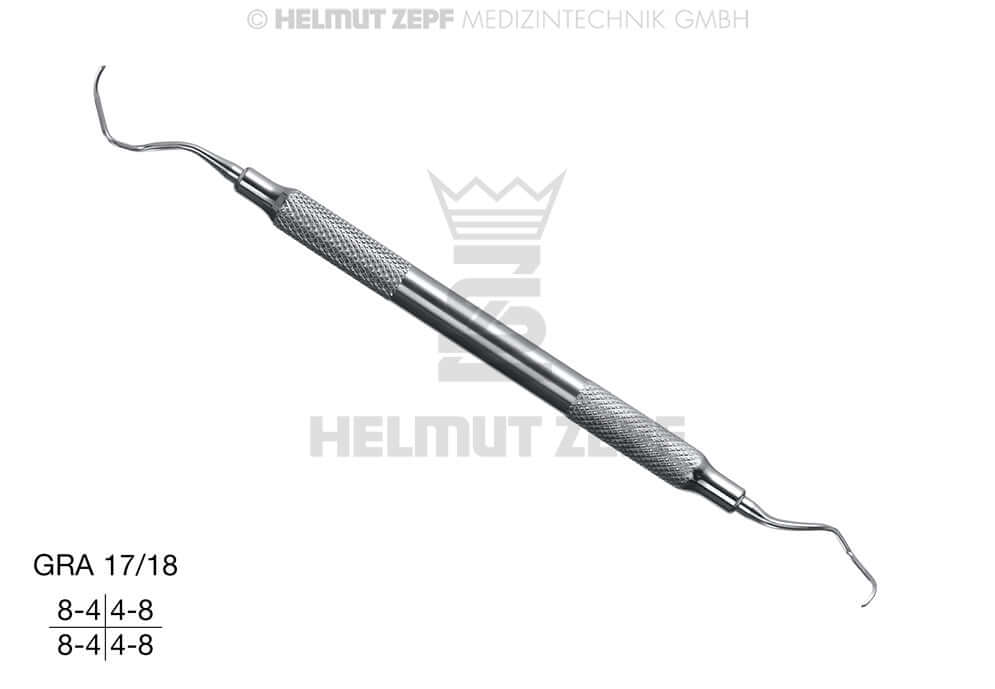 Gracey Curette GRA 17/18 by Helmut Zepf, triple-skewed for distal premolar/molar surfaces, hollow stainless steel handle