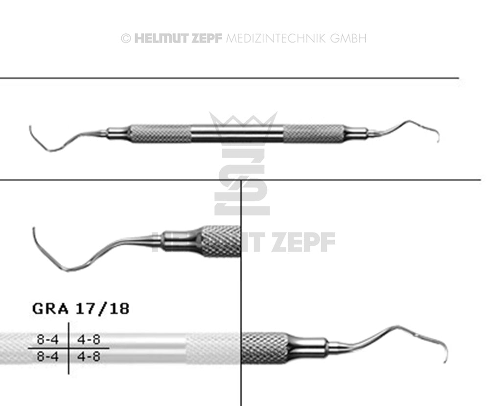 Gracey Curette GRA 17/18 Helmut Zepf triple-skewed blade for premolars molars distal surfaces deep pockets stainless steel