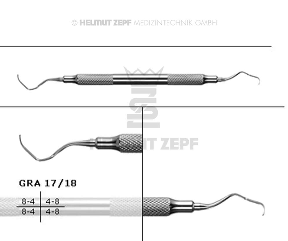 Gracey Curette GRA 17/18 Helmut Zepf triple-skewed blade for premolars molars distal surfaces deep pockets stainless steel