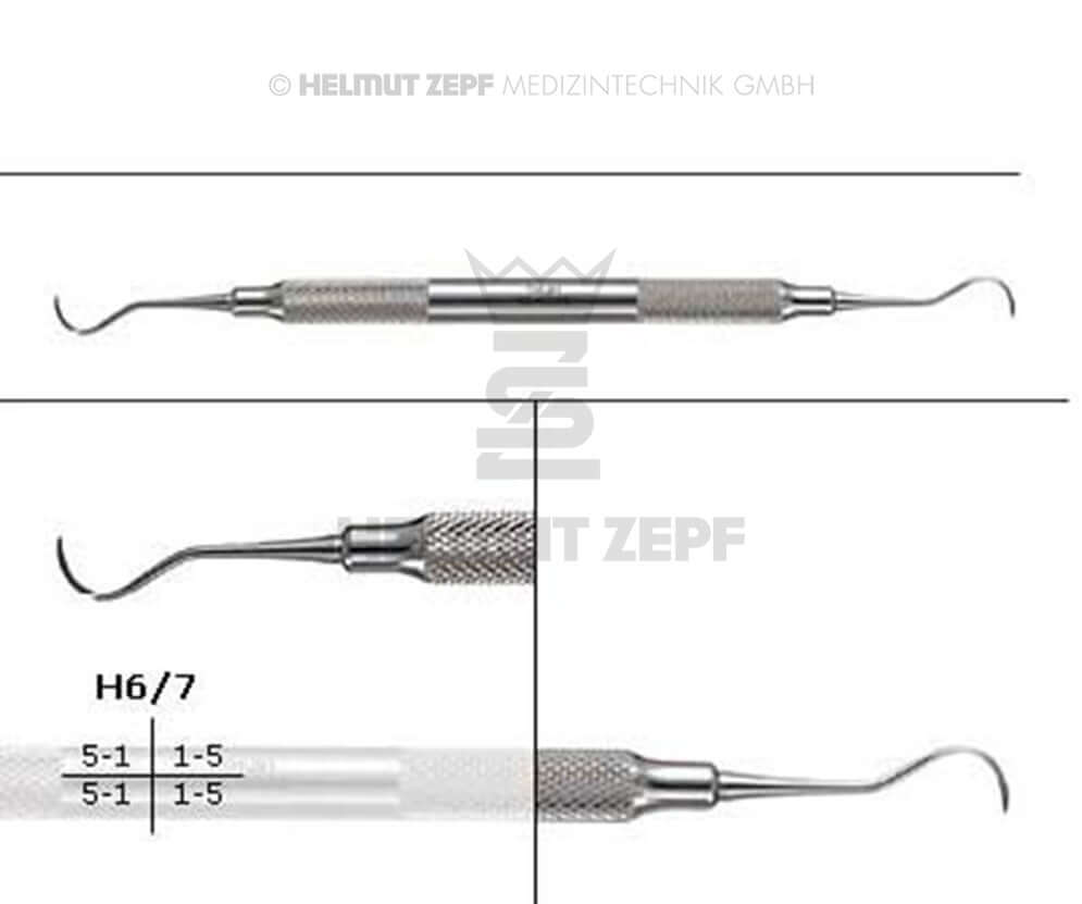 Anterior Sickle Scaler H6/7 by Helmut Zepf with opposed tips for mesial and distal surfaces, hollow stainless steel handle