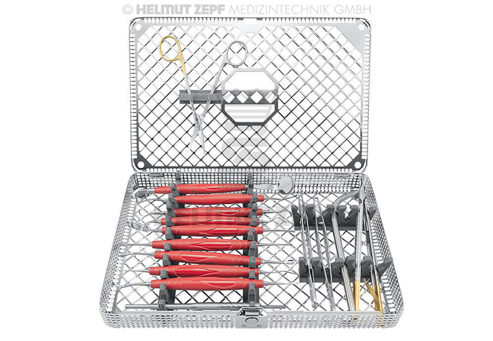 Dental Surgical Kit by Helmut Zepf No. 24.961.04 with bIONIK Lightred-Magenta Handles in sterilization tray