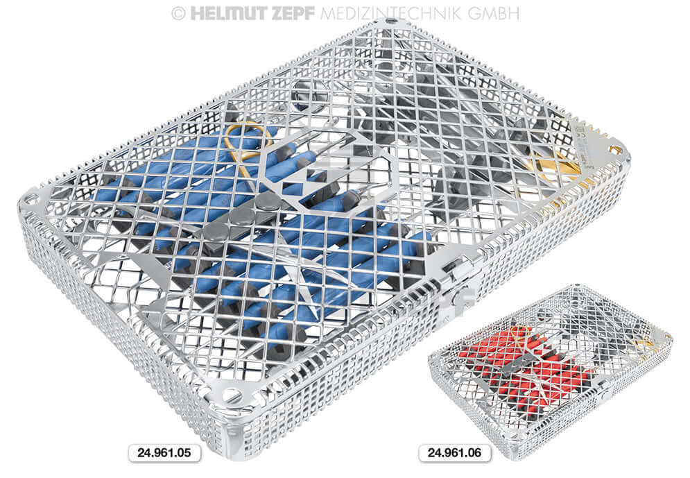 ZEPF ECO Implatool Set with cobalt-blue bIONIK handles in ZEPFcare washbasket by Helmut Zepf No. 24.961.05