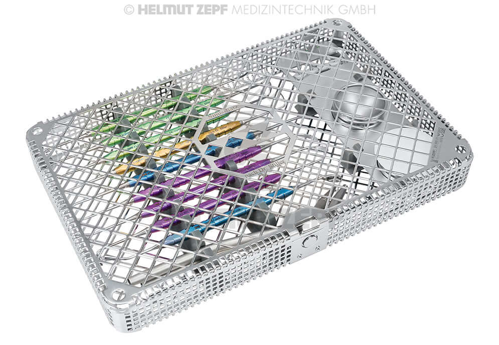 Stiller Sinus Lift Instrument Set by Helmut Zepf No. 24.995.01 with ZEPFcare Washbasket and colorful dental instruments