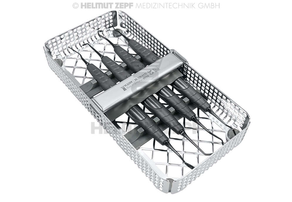Small Dental Composite Instrument Set by Helmut Zepf No. 26.120.01TI with 4 Onyx-Coated Plastic Instruments in ZEPFcare Washbasket