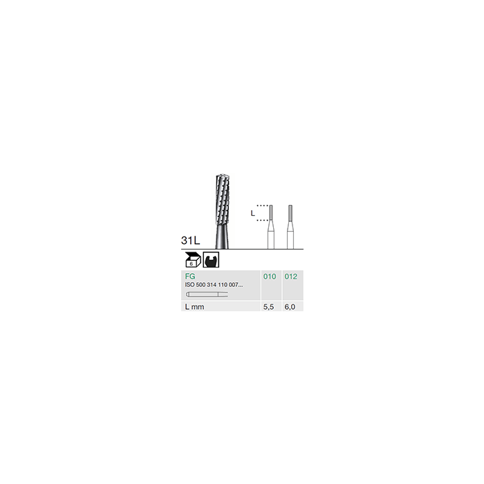 31L 010 carbide cylinder fissure dental bur FG for cavity preparation, ISO 500 314 110 007 010, pack of 6